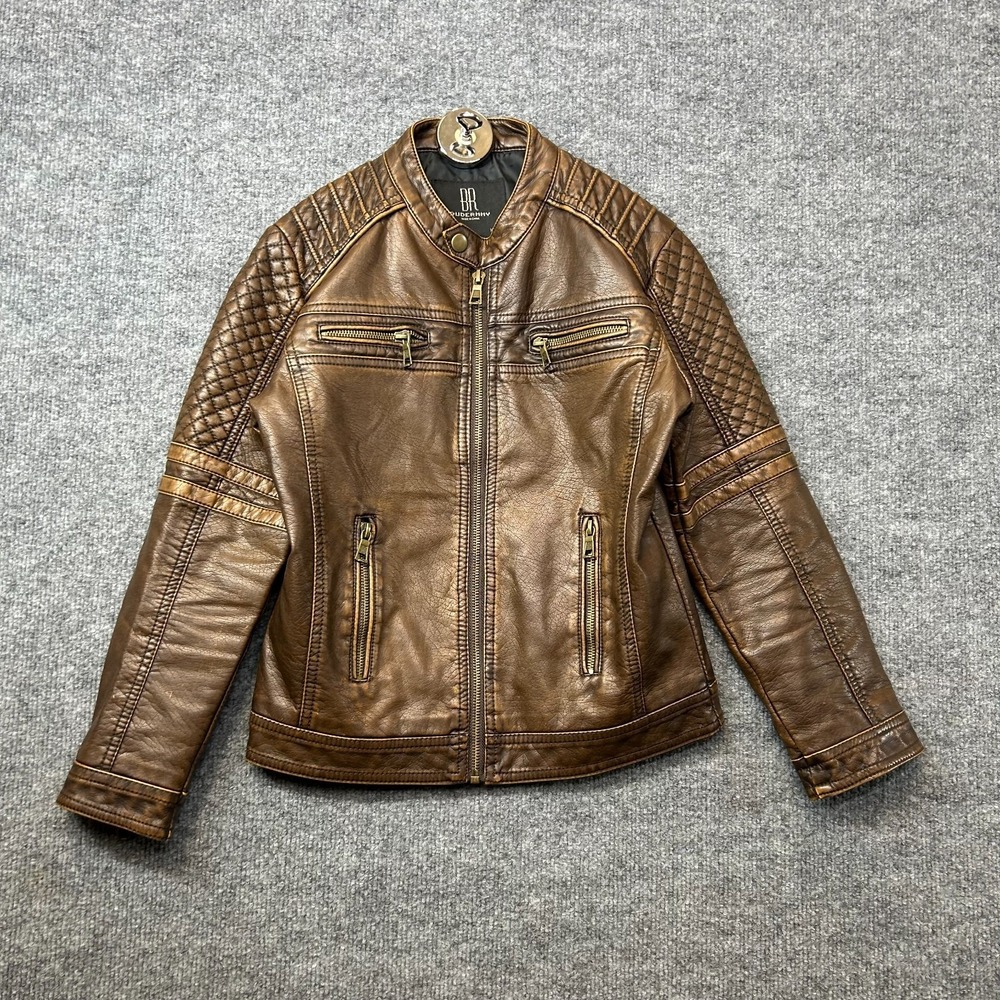 Budermmy Motorcycle Jacket Youth Boys Brown Faux Leather Zip Biker Size 9-10‎